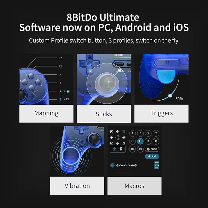 8BitDo Pro 2 Bluetooth-Controller Gamepad mit Hall-Effekt-Joysticks für Nintendo Switch und PC in Transparent Blue Edition - Bild 3