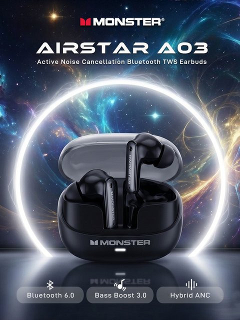 Monster A03 Hybrid ANC Bluetooth 6.0 TWS Ohrhörer mit aktiver Geräuschunterdrückung und Tiefbass in Beige - Bild 1