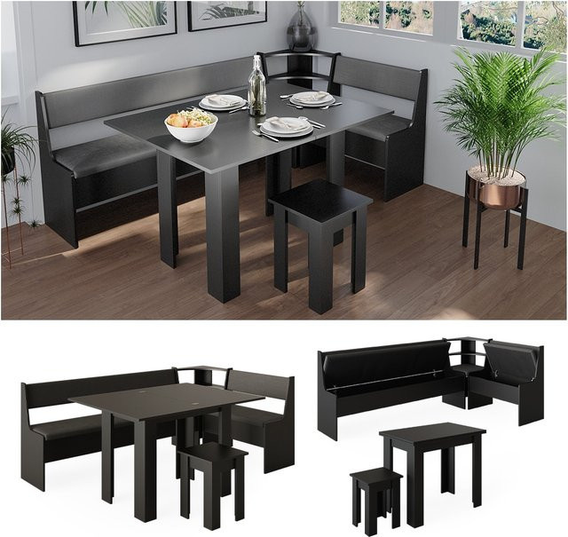 Vicco Eckbankgruppe Roman in Schwarz mit ausklappbarem Tisch und Sitzbank für Küche und Esszimmer - Bild 1