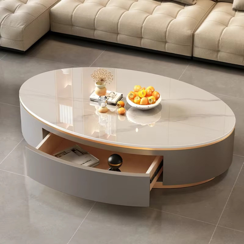 Moderner Designer Couchtisch von DUTRIEUX mit Schubladen in Weiß und ovaler Glasplatte - Bild 1