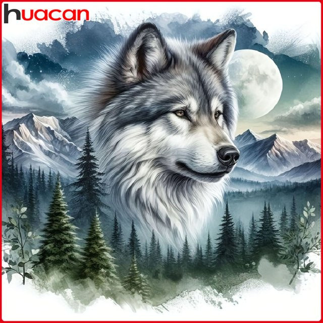 Huacan Diamantgemälde Wolf und Berg als Tierlandschaft im modernen Design, Mehrfarbig, B/H: 20 x 20 cm - Bild 1