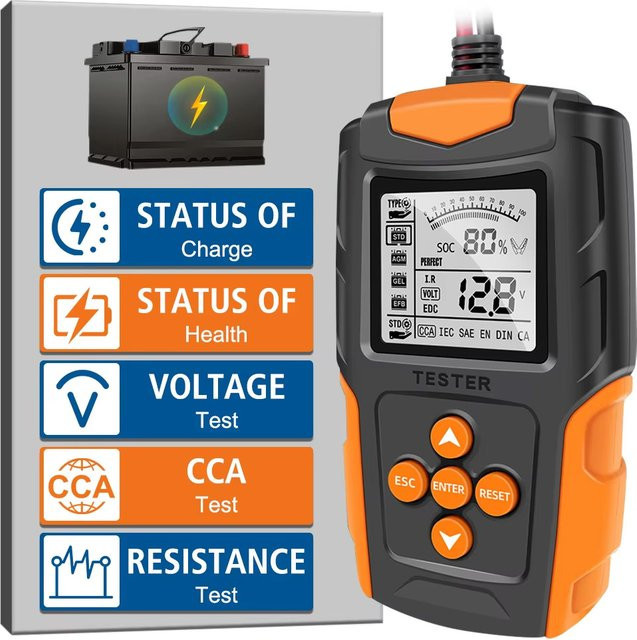 JFIND Digitaler Batterietester für 12V und 24V, Batterieanalysator für AGM, GEL und Nassbatterien, Diagnosewerkzeug für Anlasser und Ladung für Auto und LKW, Orange - Bild 1