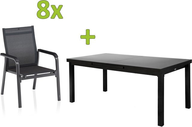 Kettler BasicPlus Premium Garten-Essgruppe aus Aluminium und Textilene in Anthrazit mit ausziehbarem Tisch und 8 Stapelsesseln - Bild 1