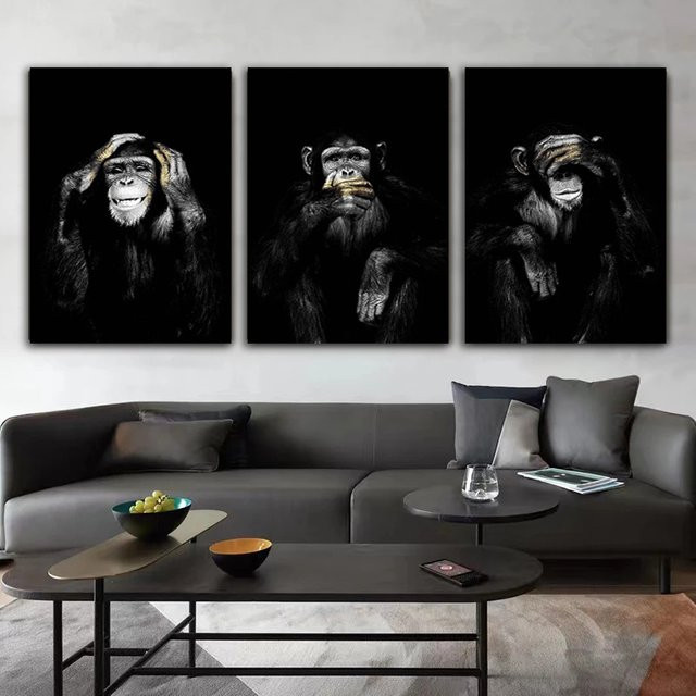 Potdemiel Leinwandgemälde Lustiger Affe als moderne Tier-Wandkunst in Schwarz ohne Rahmen - Bild 1