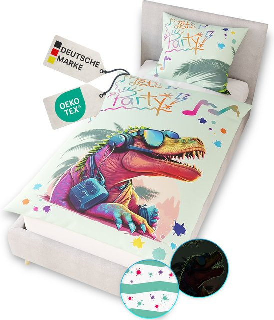 NYVI Renforce Kinderbettwäsche Glow in the Dark aus 100% Baumwolle, Party Dino, B/H: 135 x 200 cm - Bild 1