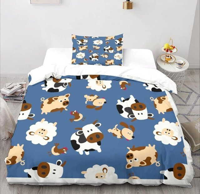 3-teiliges Mikrofaser Bettwäsche-Set Your Warm Home mit Cartoon Kuh Motiv in Blau, Bettbezug und Kissenbezug, B/H: 135 x 200 cm - Bild 1