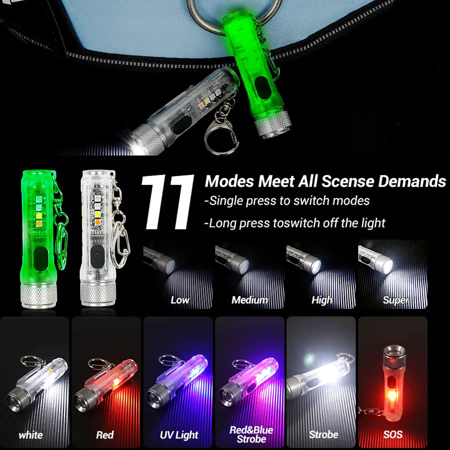 XIWANGFIRE Mini-Schlüsselanhänger-Taschenlampe mit COB-LED, USB wiederaufladbar, Magnetlicht und RGB-Funktion in Rot und Blau - Bild 2