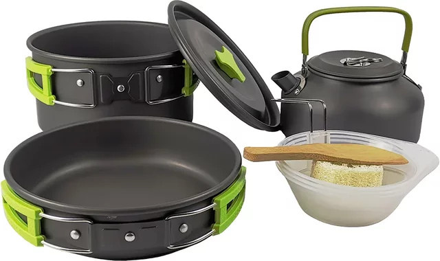 LISM Outdoor-Camping-Kochset aus Aluminiumlegierung in Grau mit Kochtöpfen, Schüsseln und Wasserkocher - Bild 1