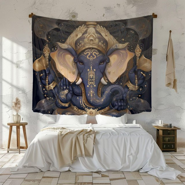 VIKAMA Wandteppich Ganesh Elefantengott in Blau und Gold, Indische Mythologie Raumdekoration, Breite: 60 cm, Höhe: 40 cm - Bild 1
