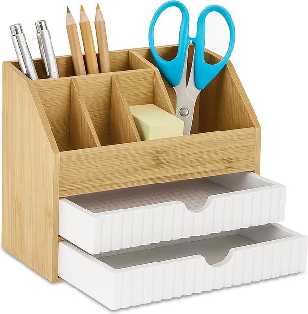 Relaxdays Schreibtisch Organizer aus Bambus in Braun mit 2 Schubladen und 5 Fächern B/T/H: 24 x 19 x 14 cm - Bild 1