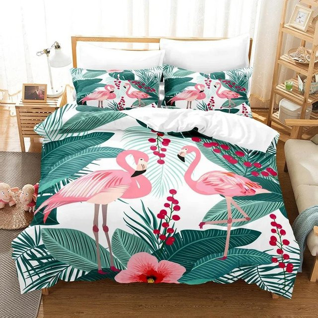 Binchi Fitness Bettwäsche Set Flamingo mit tropischem Blätter- und Palmenmuster, Grün/Mehrfarbig, B/H: 140 x 200 cm - Bild 1
