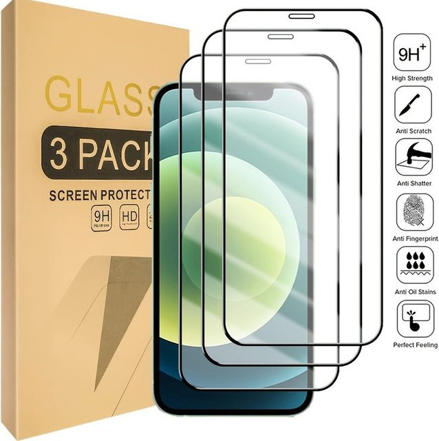 3er Pack Displayschutzfolie aus gehärtetem Glas für iPhone 17 16 15 14 13 12 11 Pro Max X XR XS Max Mini 7 8 Plus SE 3, Farbe: Schwarz/Transparent - Bild 1