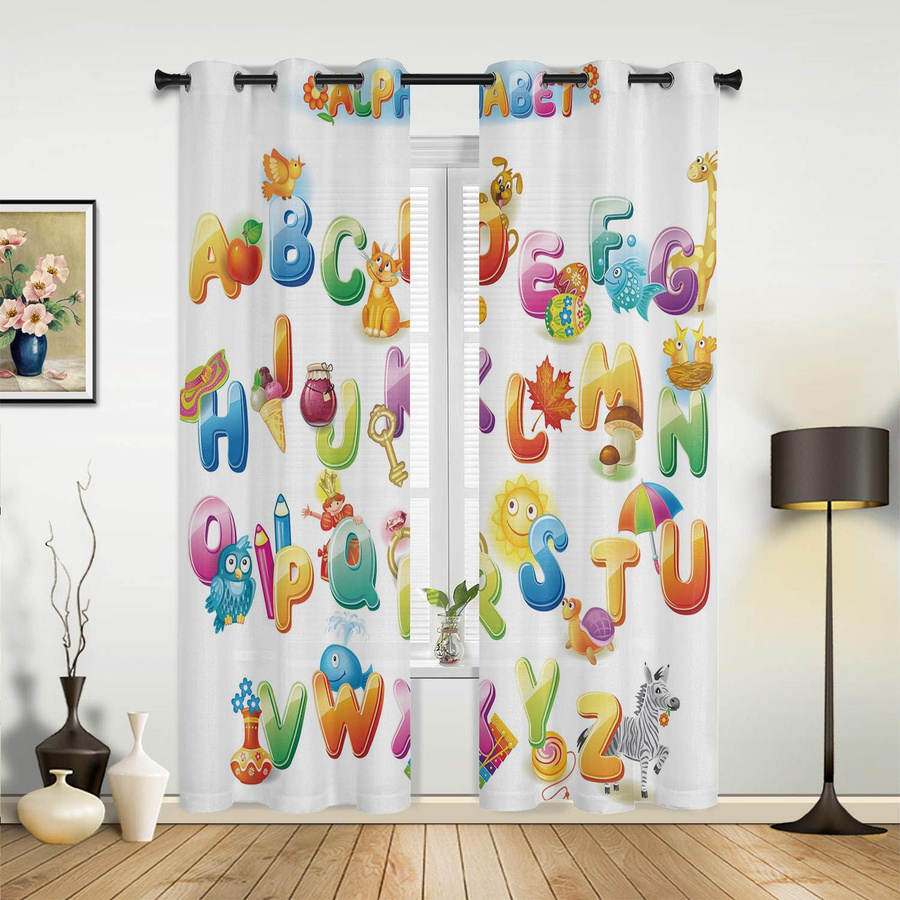 Moderne Kindergardine Super Six mit englischem Alphabet Cartoon-Design, halbtransparent, Mehrfarbig, Breite: 135 cm, Höhe: 60 cm - Bild 1