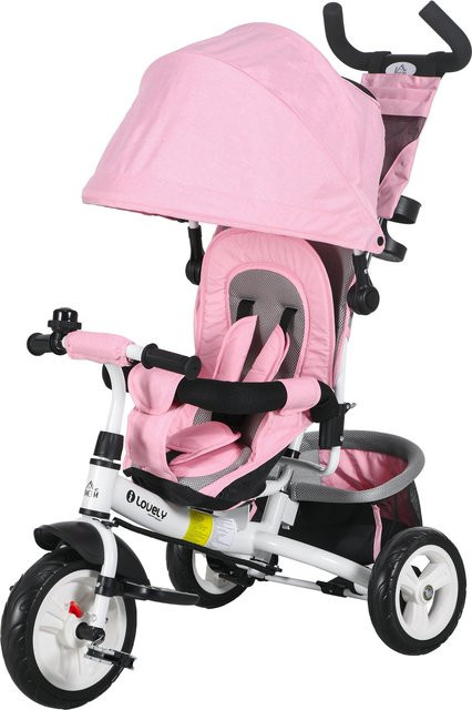 HOMCOM 6 in 1 Kinderdreirad für Kinder von 1 bis 5 Jahren mit Lenker, verstellbarem Verdeck, Gurt und Korb in Weiß und Rosa, H x B x T: 102 x 49 x 102 cm - Bild 1