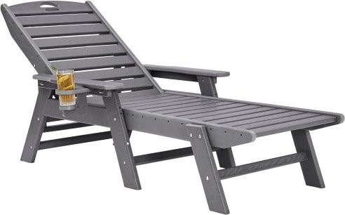VEVOR Sonnenliege aus HDPE in Grau mit verstellbarer Rückenlehne, Armlehnen und Getränkehalter, Tragkraft 181 kg, B/T/H: 185 x 72,5 x 93 cm - Bild 1