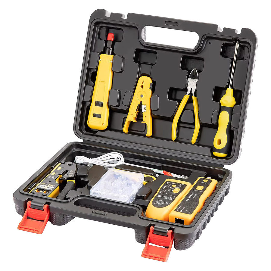 ZoeRax Netzwerk Werkzeugset in Gelb mit RJ45 Pass Through Crimp Tool, Kabeltester, LSA-Anlegewerkzeug, Abisolierer, Cutter und Cat6 Steckern - Bild 3