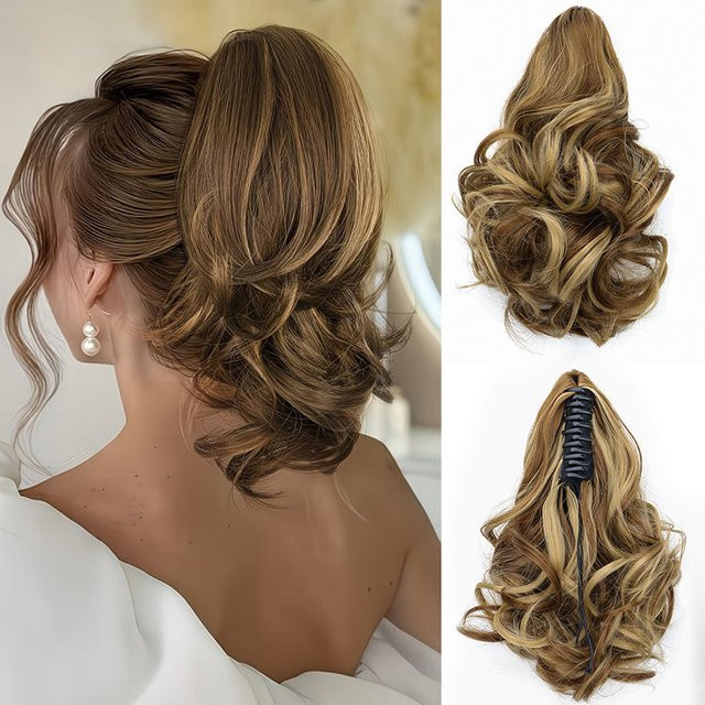 Synthetischer lockiger Haarverlängerungs-Ponytail mit Klammer, Gold, Damen - Bild 1