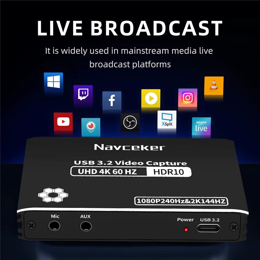 Navceker 4K 60FPS HDMI Videoaufnahmekarte mit HDCP-Bypass, USB-C 3.2 Video-Grabber für Live-Streaming und Spiel-Aufnahmen von PS5 und Xbox, Schwarz - Bild 6