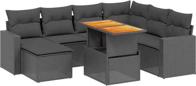 vidaXL 8-tlg Garten-Sofagarnitur in L-Form aus schwarzem PE-Rattan mit Kissen und Akazienholz - Bild 1