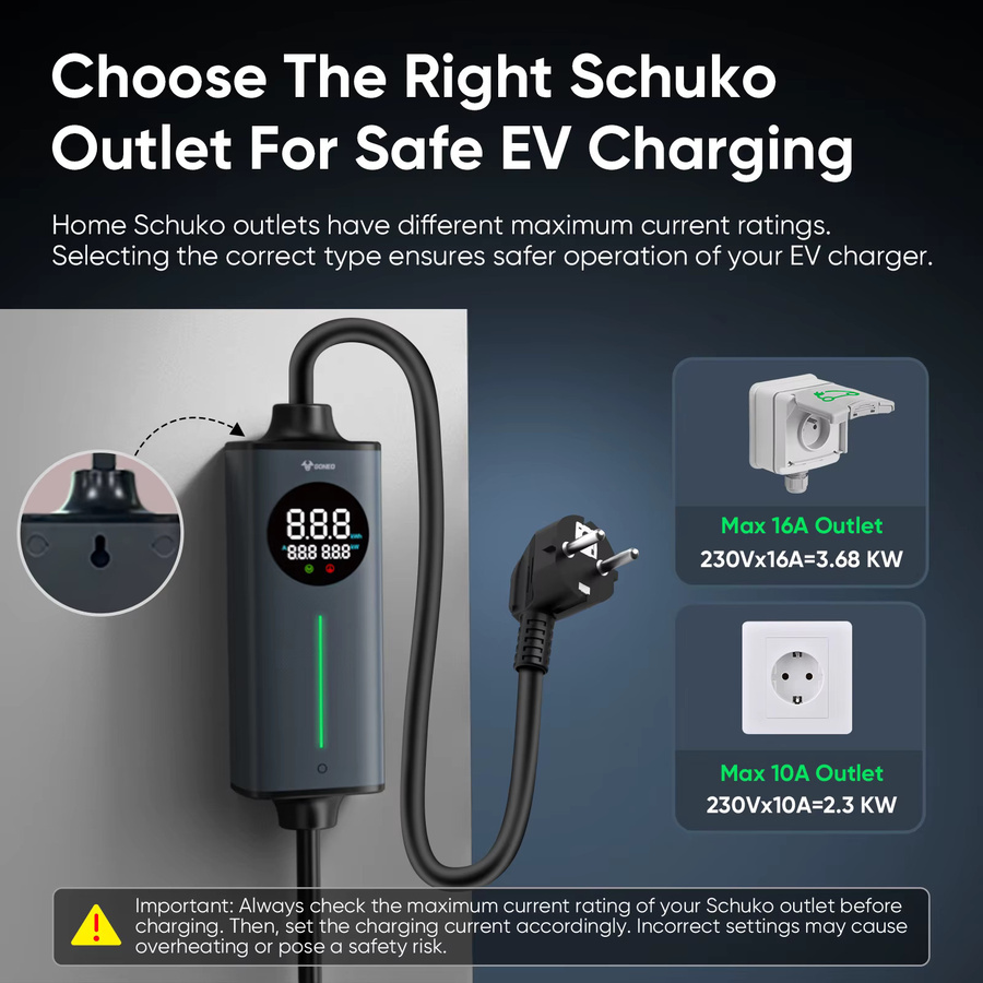 GONEO Tragbares Typ-2-EV-Ladegerät mit Schuko-Stecker für Elektrofahrzeuge und Plug-in-Hybridfahrzeuge mit intelligenter Temperaturregelung und doppeltem FI-Schutz (AC+DC) sowie automatischer Erdungserkennung - Bild 2