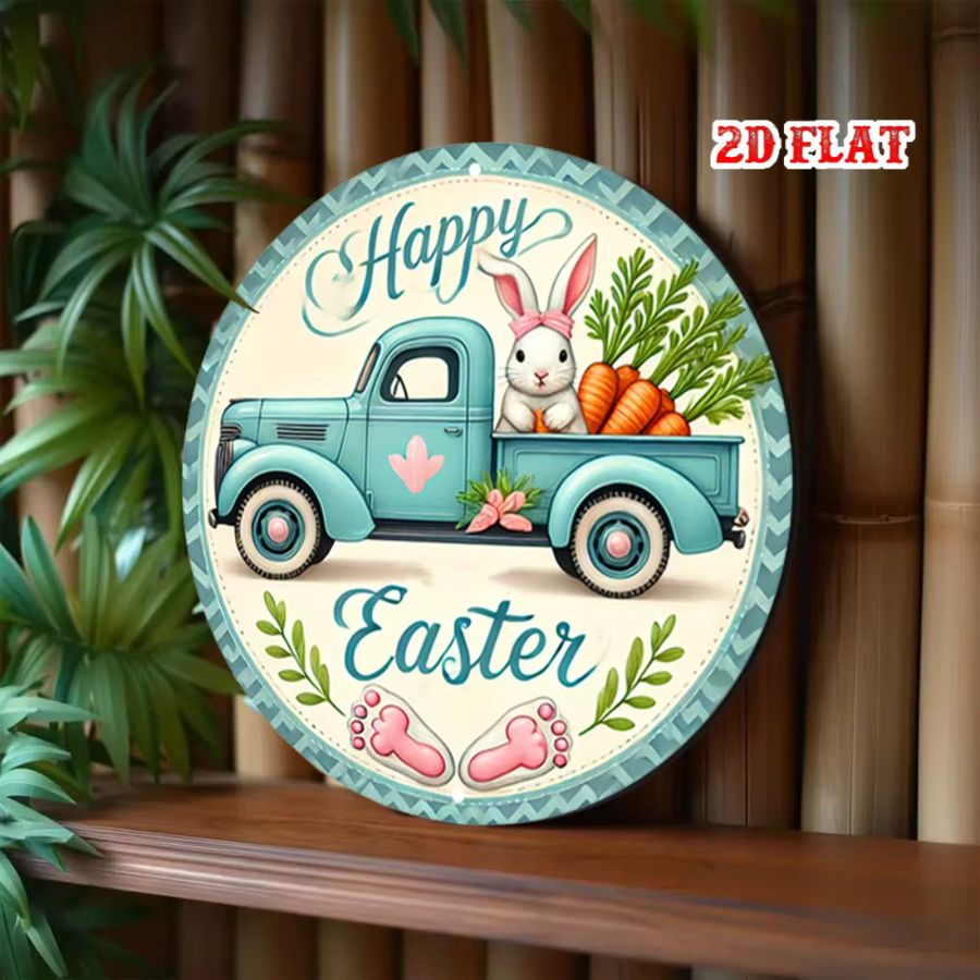 CIFBUY Vintage Ostern Wandschild aus Aluminium in Türkis mit Kaninchen und Blumenmuster, rundes Metall Poster zur Wandmontage - Bild 4