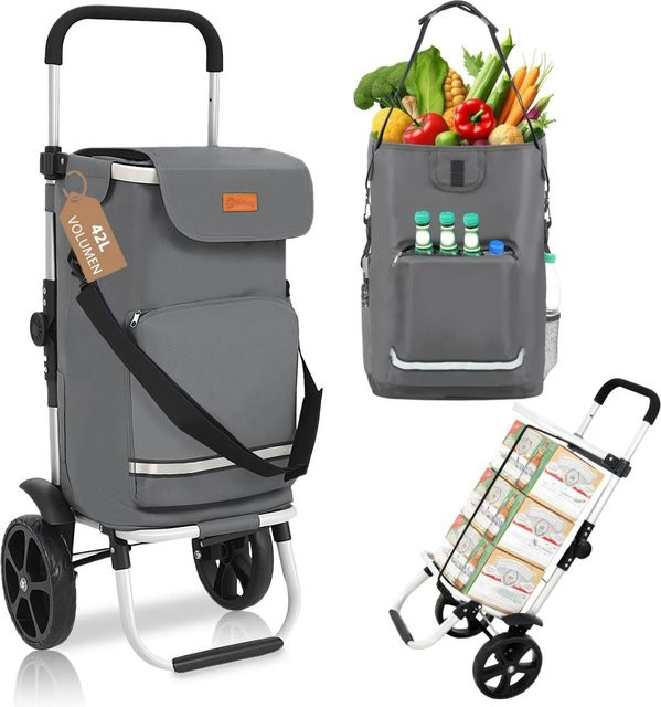 Sekey 3-in-1 Faltbarer Einkaufstrolley mit Kühlfach und Spanngurt in Grau - Bild 1