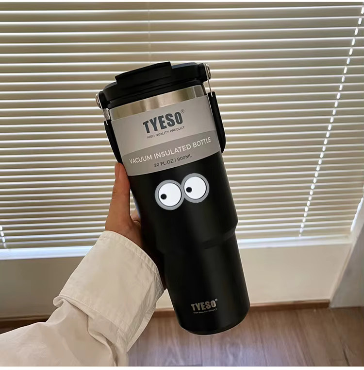 Tyeso Reisebecher Vakuum-Isolierbecher aus Edelstahl mit Augenaufkleber, Schwarz, 900 ml - Bild 6