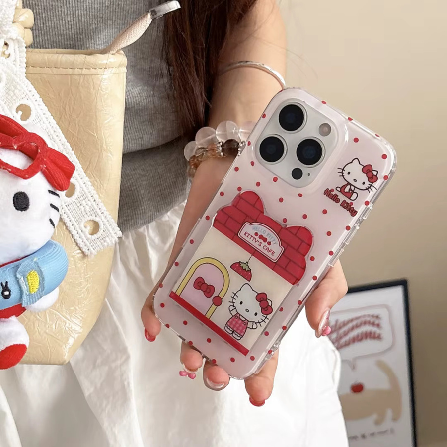 Sanrio Hello Kitty Handyhülle mit Polka-Dot-Design und Klappspiegel-Ständer für iPhone 17, 16, 15, 14 Pro Max und 17 Pro, Farbe: Rot - Bild 3