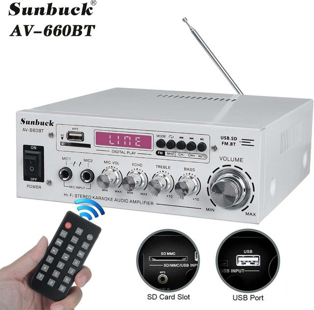 SUNBUCK AV-660BT 2.1 Soundverstärker in Schwarz mit EQ, FM, USB, SD-Karte und 2 Mikrofoneingängen - Bild 1