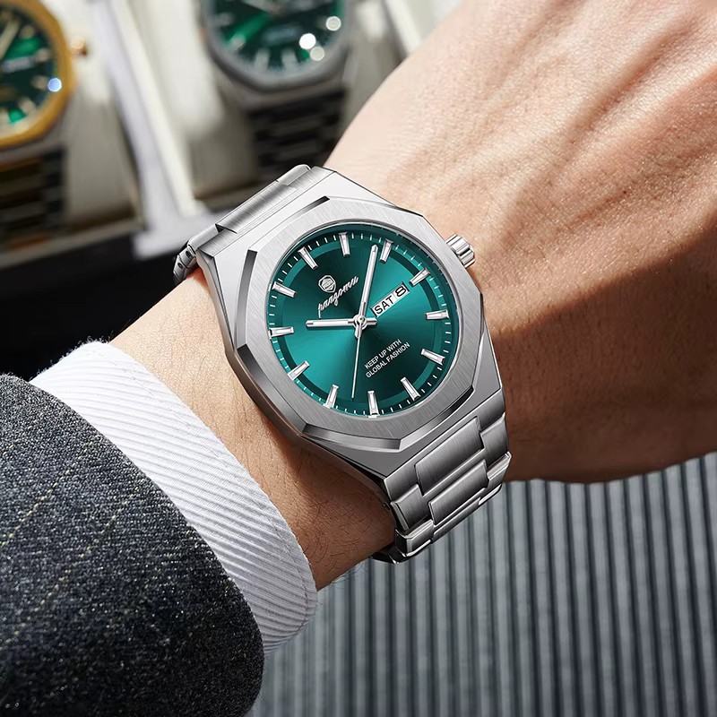 PAAZOMU Armbanduhr Edelstahl, Quarz, Silber, Grün, Herren - Bild 1