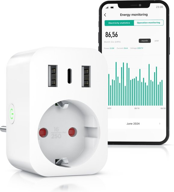 BEARWARE WLAN-Steckdose mit USB-Anschluss in Weiß, Smart Life App Fernsteuerung, Sprachsteuerung, Zeitschaltuhr und Energiekostenmessgerät - Bild 1