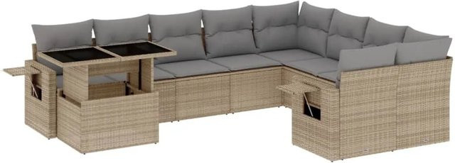 vidaXL 10-tlg. Garten-Sofagarnitur in L-Form aus beigem Poly-Rattan mit UV-beständigen Kissen und pulverbeschichtetem Stahlgestell - Bild 1