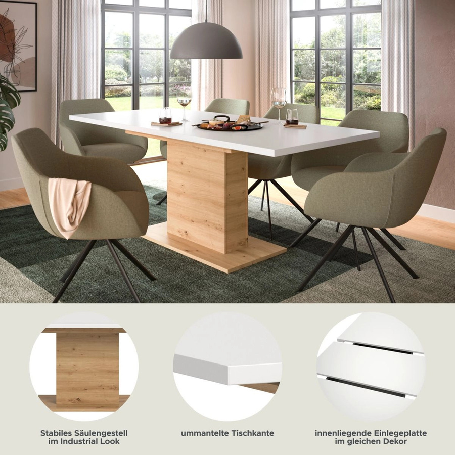 Inn.Furn Esstisch ausziehbar in Weiß und Eiche, rechteckiger Küchentisch modern B/T/H: 150 x 90 x 76 cm bis 190 x 90 x 76 cm - Bild 4