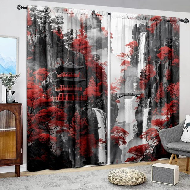 2er-Set dekorative Vorhänge mit Landschaftsmotiv in Grau und Schwarz, halbtransparentes Polyester für Schlafzimmer, Büro oder Küche, Breite: 52,5 cm, Höhe: 116 cm - Bild 1