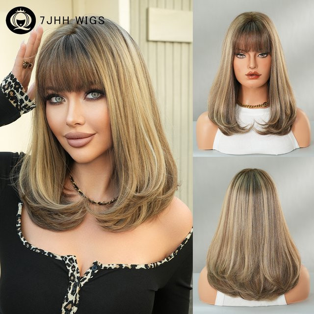 7JHH WIGS Perücke, schulterlang, glatt, aschbraun Ombre, Damen - Bild 1