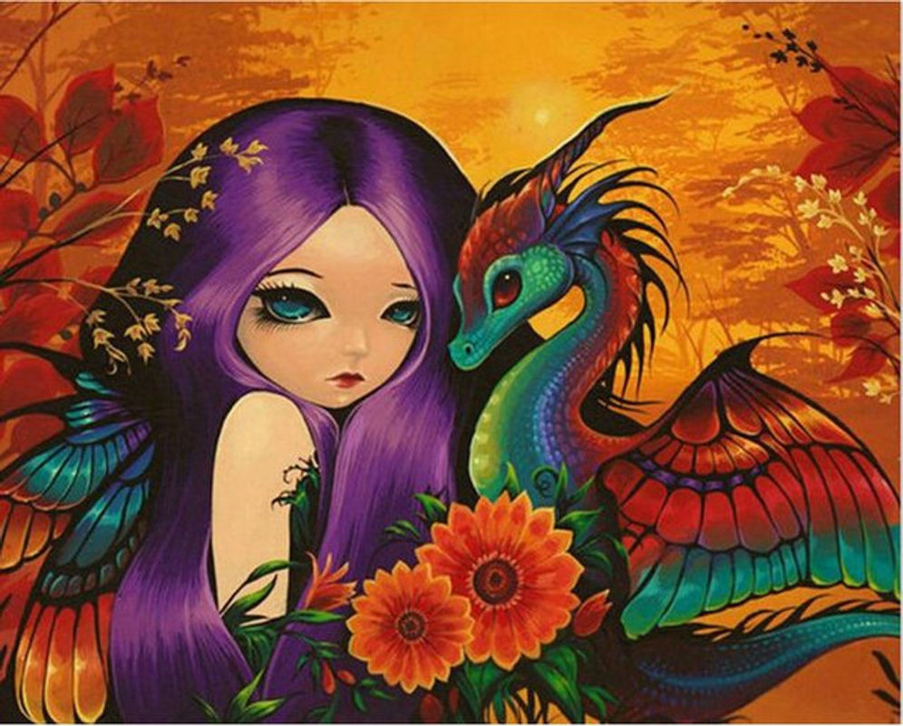 FIYO Diamond Painting DIY Set mit Cartoon-Mädchen und Drache, Mehrfarbiges 5D Diamant-Mosaik zur Wanddekoration, B/H: 20 x 30 cm - Bild 1