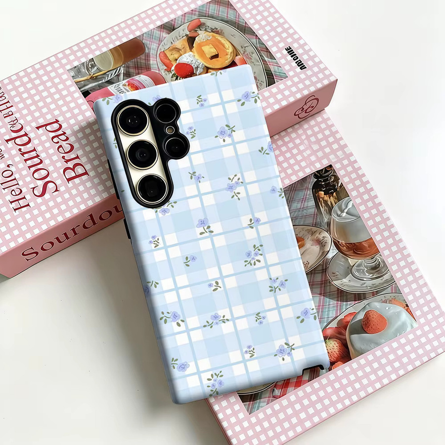 Stoßfeste Doppelschicht-Handyhülle mit hellblauem Gingham-Lavendel-Blumenmuster für Samsung Galaxy S25 Ultra, S24 und S23 Ultra Plus - Bild 2