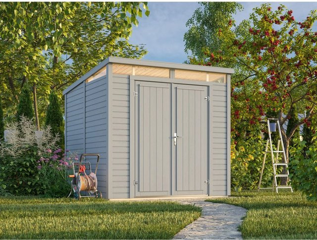 Palmako Holz-Gartenhaus Elias mit Pultdach in Hellgrau, Fläche: 4,9 m², B: 228 cm x T: 221 cm - Bild 1