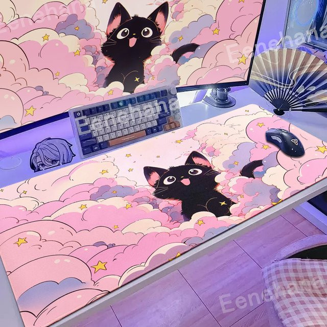 Eenehana Mauspad Kawaii Kunst Stil Schwarze Katze auf Wolken in Rosa - Bild 1