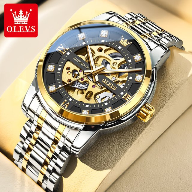 OLEVS Herrenuhr, Automatik, Edelstahl, Diamantbesetzt, Schwarz - Bild 1