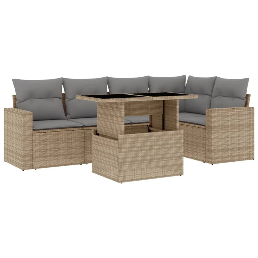 vidaXL 6-tlg Garten-Sofagarnitur in L-Form aus beigem Poly-Rattan mit UV-beständigen Polstern und pulverbeschichtetem Stahlgestell - Bild 2