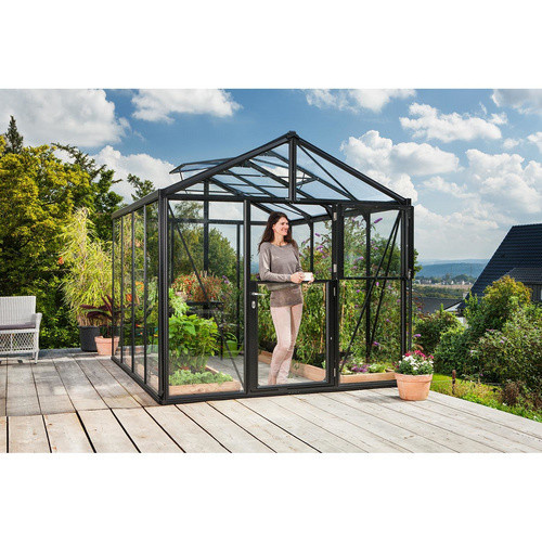 VITAVIA Gewächshaus Zeus in Schwarz mit Aluminiumrahmen und Glas, 8,1 m² mit geteilter Flügeltür und Dachfenstern - Bild 2
