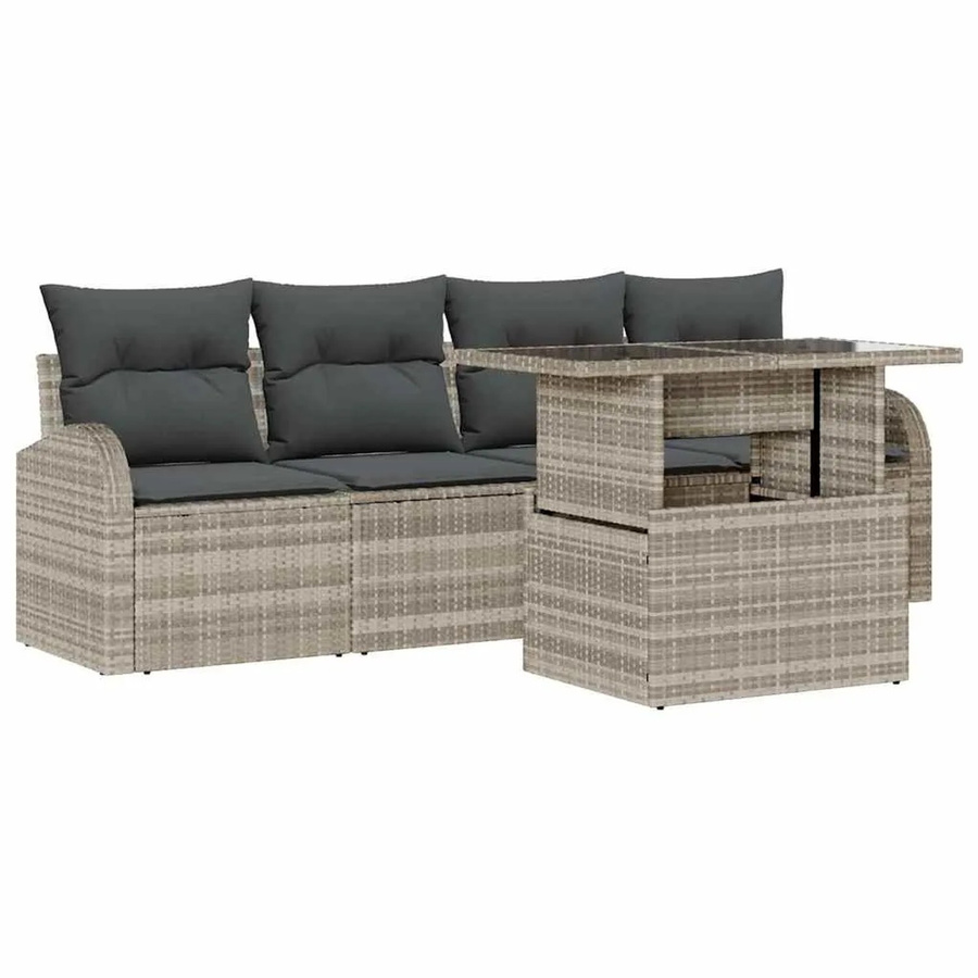vidaXL Garten-Sofa-Set 5-teilig aus Poly-Rattan in Hellgrau mit Kissen und Tisch - Bild 2