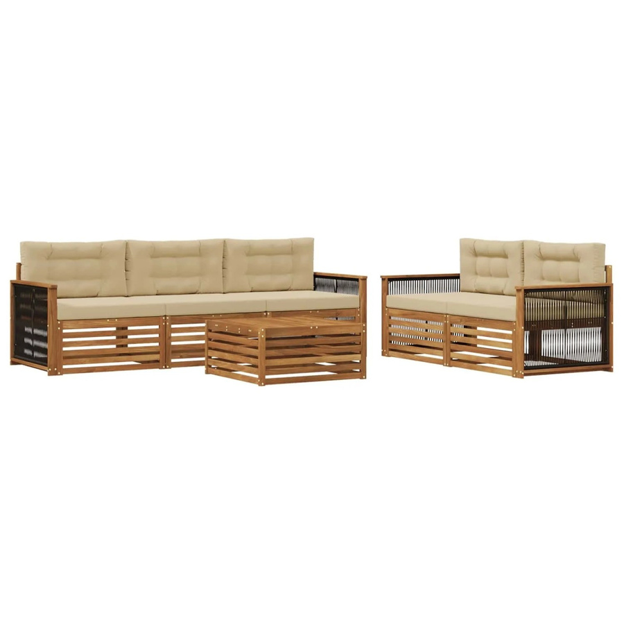 vidaXL Outdoor-Sofagarnitur aus Akazienholz mit Kissen, 6-teiliges Set, Natur und Beige - Bild 2