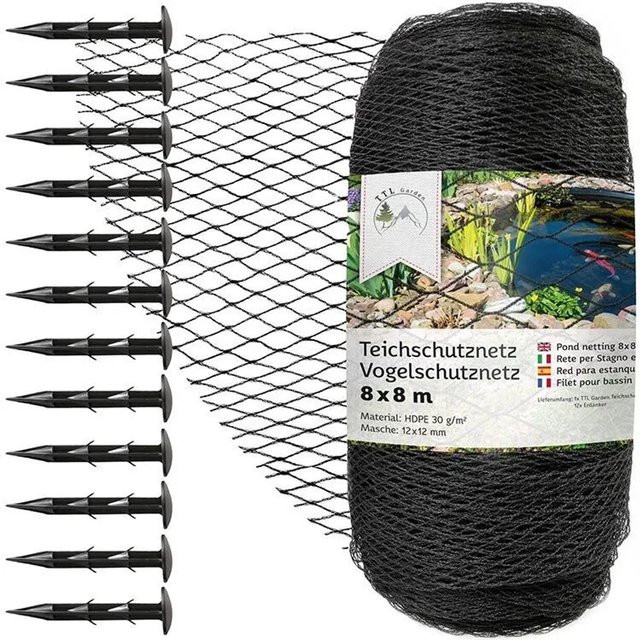 TTL GARDEN Teichschutznetz Anthrazit 8 x 8 m mit 12 x 12 mm Maschenweite aus HDPE - Bild 1