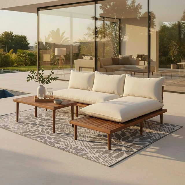 Bessagi Garden Loungegarnitur Dona in Beige mit L-Form, Outdoor-Sofa, Couchtisch und Kissen aus Akazienholz und Metall - Bild 1