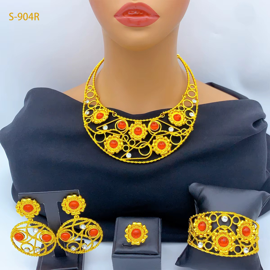 Schmuckset 24K vergoldet, Halskette, Ohrringe, Armband, Ring, Damen - Bild 3