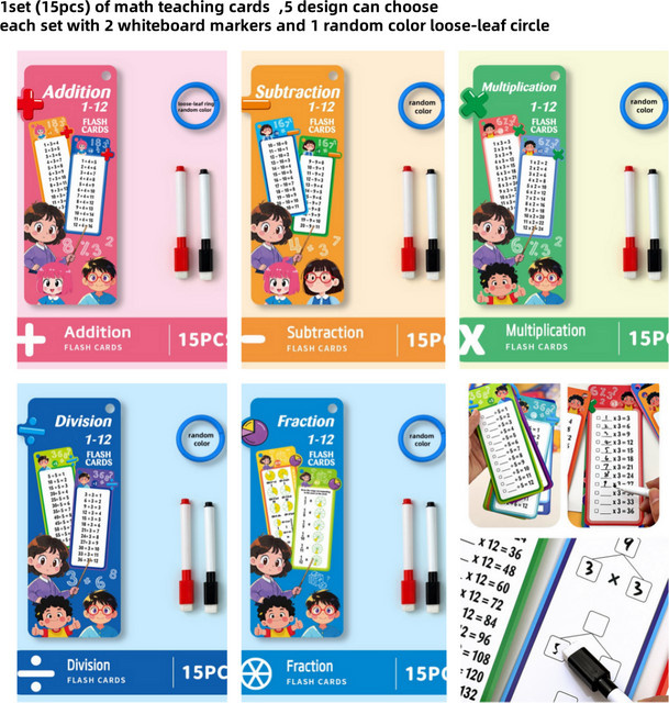 15-teiliges Set Mathematik Lernkarten für Addition Subtraktion Multiplikation Division und Brüche, löschbar und wiederverwendbar, mehrfarbig - Bild 1
