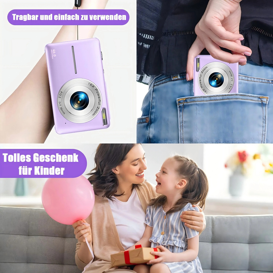 Bytelike Kompaktkamera für Kinder in Pink mit 44MP HD, 1080P Video und 2,4 Zoll LCD sowie 16X Digital Zoom - Bild 5