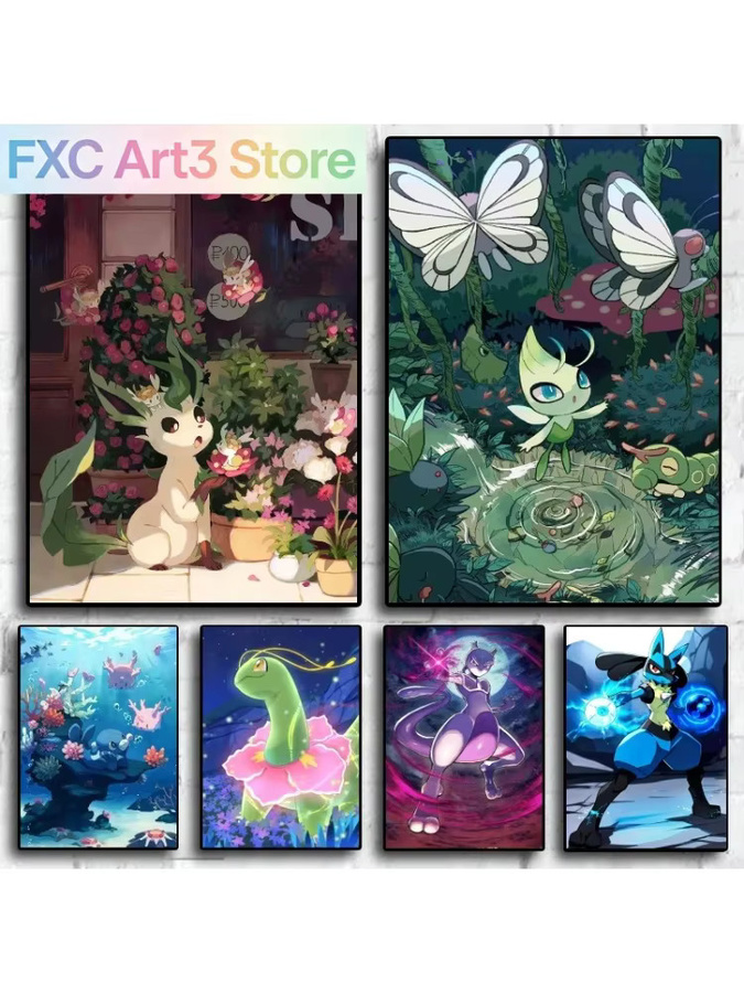 Kayou Anime Poster Leafeon und Celebi als rahmenloser Leinwanddruck in Mehrfarbig - Bild 3